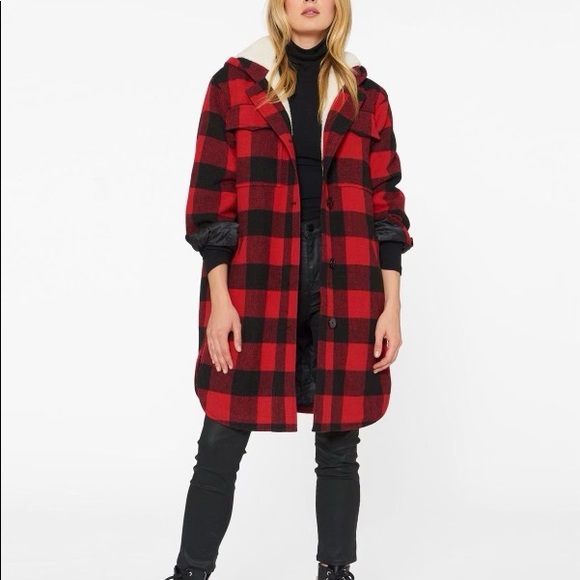 Sold! Plaid Wool Oversized Shirt Jacket Red Buffalo/cream Sherpa - Picture 1 of 16